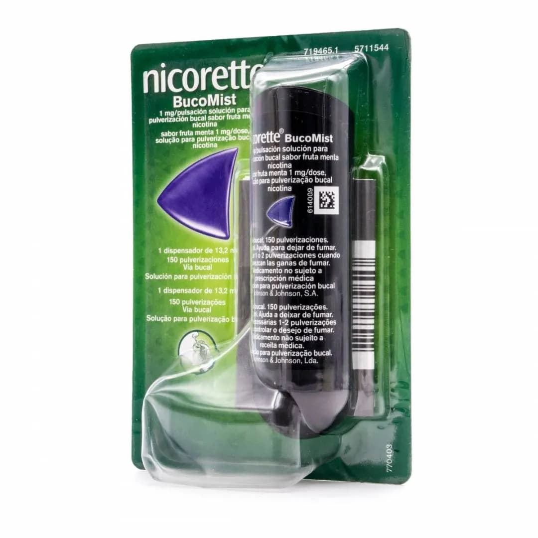 Nicorette Bucomist Sabor Fruta Menta, 1 mg/dose Frasco 150 dose Sol pulv bucal
