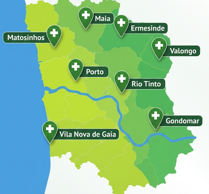 Mapa das zonas de entrega no Grande Porto